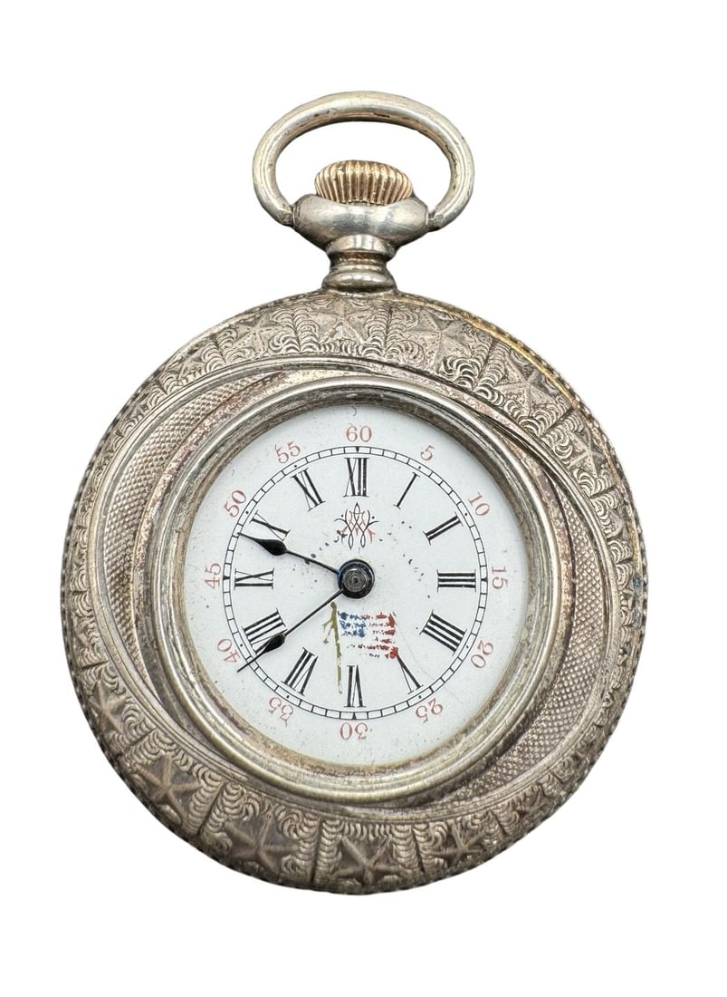 Antique WALTHAM 900 Silver Ladies Pocket Watch Featuring a Uniquely Designed Case: Non-functional, no glass. Case diameter measures approx. 145 mm. Weighs approx. 35.69 grams. Marked for 900 (coin) Silver.