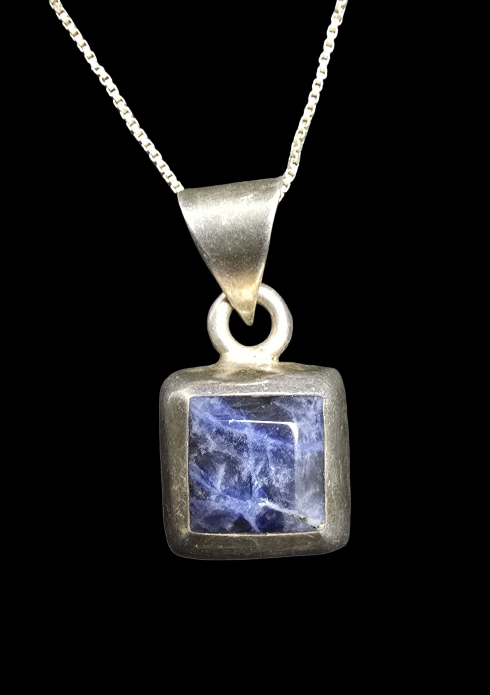 Amazing Vintage Mexico Sterling Silver Square Sodalite Pendant Box Chain Necklace: Good vintage condition w/ patina and wear according to age and use, see pictures. Measures approx. 10" long and weighs ca. 7.5 grams. Marked Sterling Silver