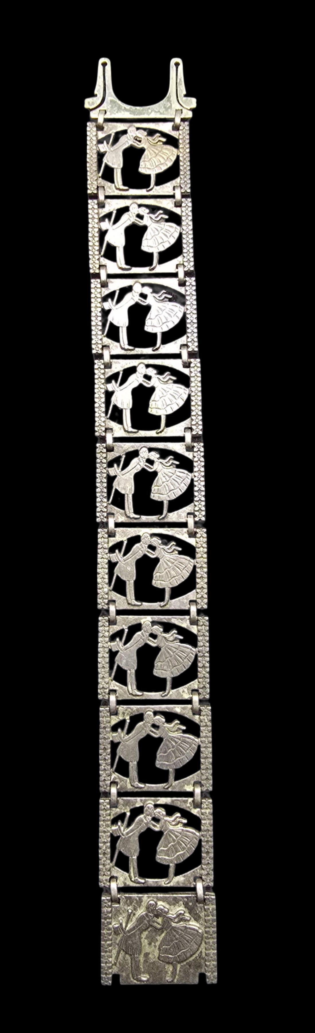 Gorgeous Ornate Antique Sterling Silver & Panel Victorian Gentelman & Women Bracelet: Very good antique condition w/ minor patina according to age. Measures approx. 7 1/2" long and weighs ca. 22 grams. Marked Sterling Silver