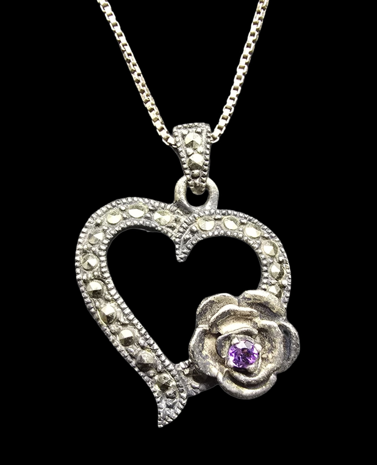 Stunning Ornate Vintage Sterling Silver Heart & Rose Shaped Marcasite & Amethyst Pendant Necklace: Good vintage condition w/ patina and wear according to age and use, see pictures. Weighs ca. 5.5 grams. Marked Sterling Silver