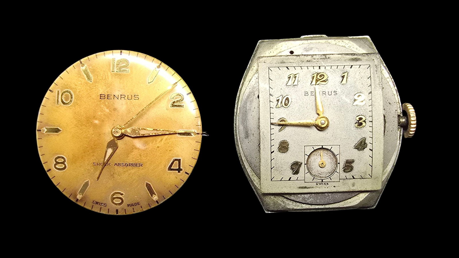 Lot of 2 BENRUS Watch Movements: Good vintage condition w/ patina and wear according to age and use, see pictures. The largest piece measures approx. 1 1/2" high and 1" wide and the entire lot weighs ca. 25 grams. Untested. Marked BE