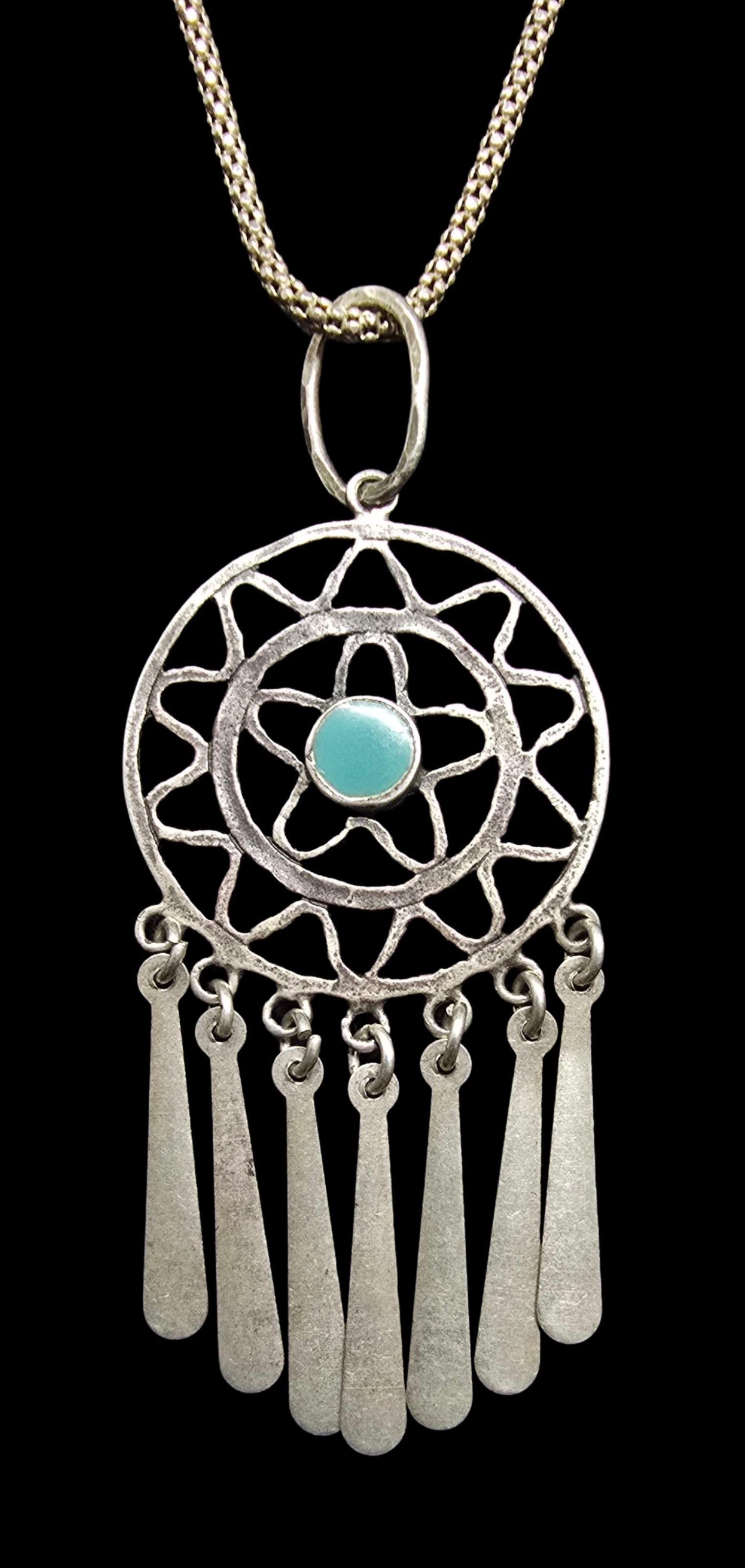 Gorgeous Ornate Vintage Sterling Silver, Dream Catcher & Turquoise Pendant Necklace: Good vintage condition w/ patina and wear according to age and use, see pictures. Weighs ca. 6 grams. Necklace is 22" long. Marked Sterling Silver