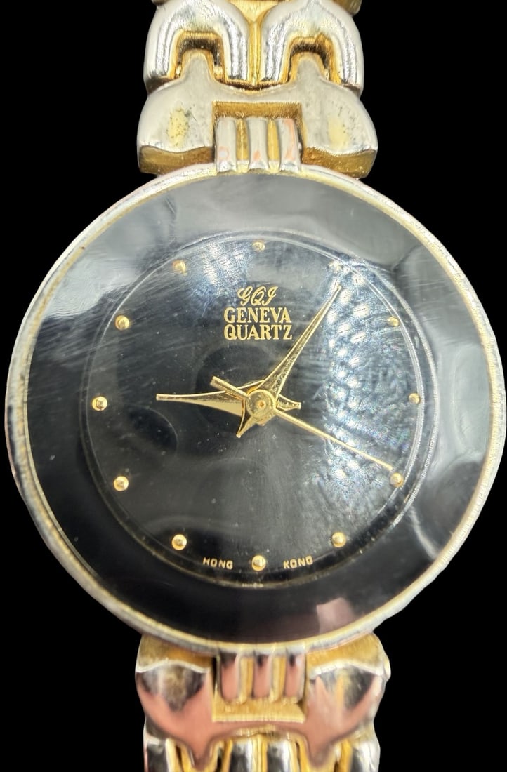 Amazing Ornate Vintage GENEVA Black Dial w/ Gold tone Strap Watch: Good vintage condition w/ patina and wear according to age and use, see pictures. Measures approx. 3/4" long and 3/4" wide. Marked for GENEVA. Watch isn 't working.