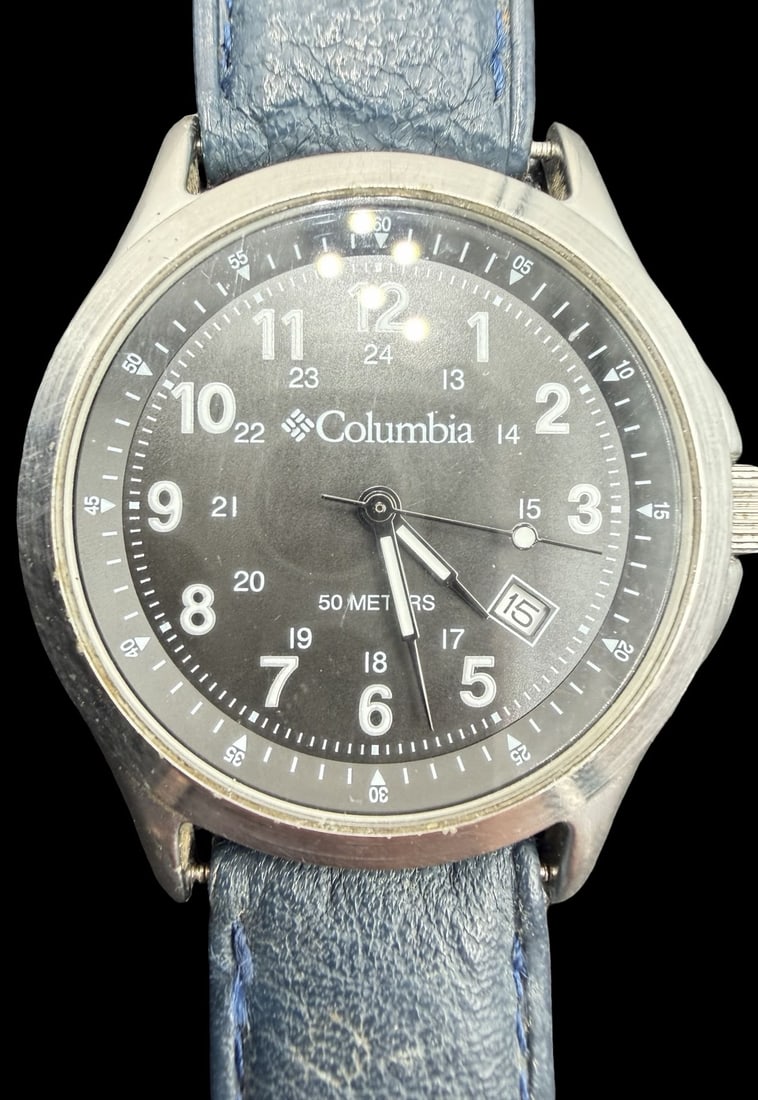 Gorgeous COLUMBIA Stainless Steel & Black Dial Watch: Good vintage condition w/ patina and wear according to age and use, see pictures. Dial measures approx. 1 1/4" long and 1 1/4" wide. Marked for COLUMBIA. The timepiece is functional.
