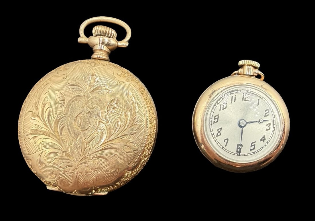 Lot of 2 Vintage Gold Filled & White Dial Pocket Watches - A. F. ROGERS: Good vintage condition w/ patina and wear according to age and use, see pictures. The dial of the larger piece measures approx. 1" long and 1" wide and total weight is ca. 52.4 grams. Marked for A. F.