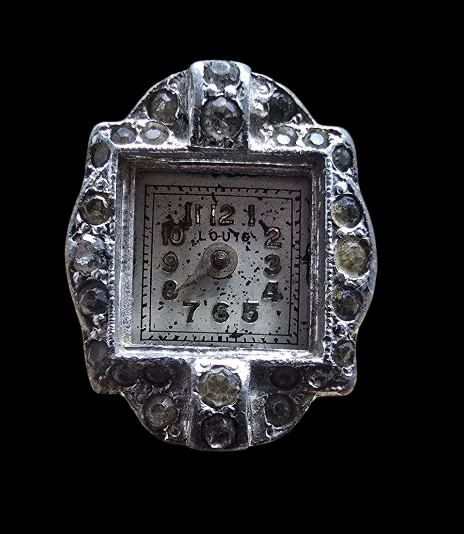 Rare Vintage Art Deco Silver-Tone Metal & Rhinestone Watch Ring: Good vintage condition w/ patina and wear according to age and use, see pictures. The ring is a size 4 1/2" and weighs ca. 9 grams. Untested.