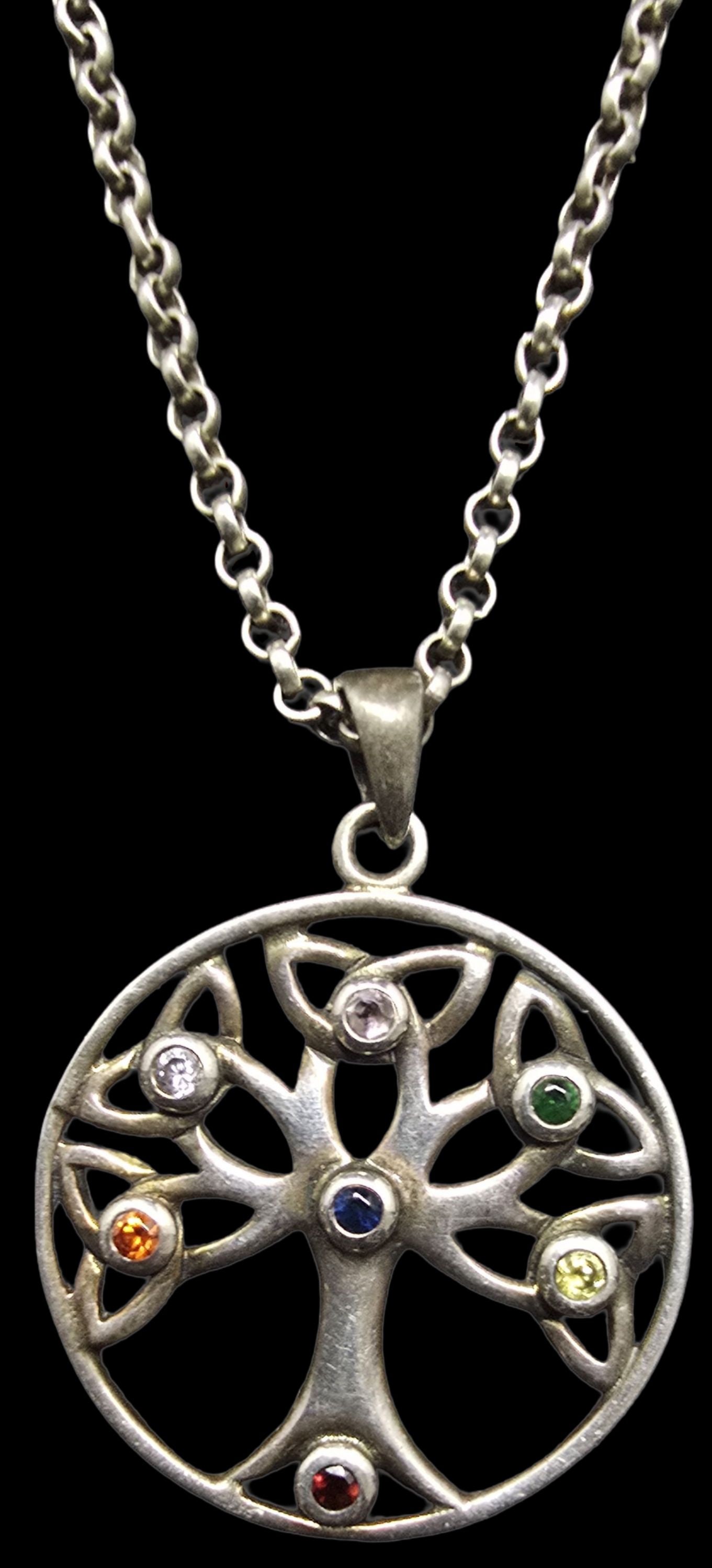 Stunning Ornate Vintage Sterling Silver & Multi Color Gemstone Tree of Life Pendant Chain Necklace: Good vintage condition w/ patina and wear according to age and use, see pictures. Weighs ca. 12.5 grams. Necklace is 28" long. Marked Sterling Silver