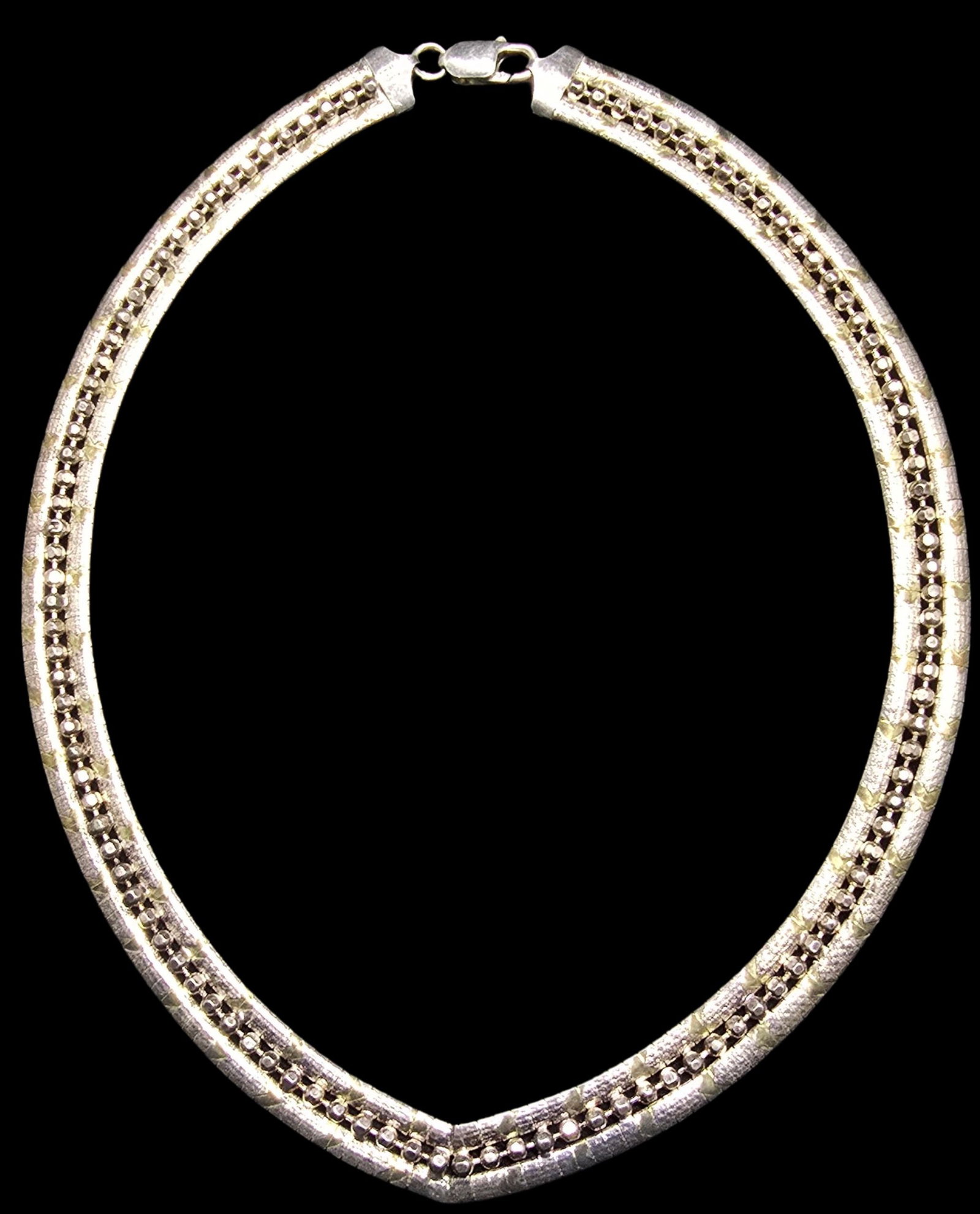 Vintage Italy Sterling Silver Omega Ball Chain Chevron Necklace: Good vintage condition w/ patina and wear according to age and use, see pictures. Measures approx. 14" long and 1/2" wide and weighs ca. 40 grams. Tested for Sterling Silver
