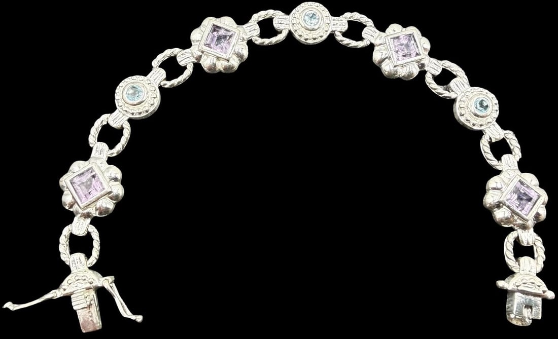 Gorgeous Ornate Vintage Gilt Sterling Silver w/ Multi-colored Gemstones Bracelet: Good vintage condition w/ patina and wear according to age and use, see pictures. Measures approx. 7" long and 1/2" wide and weighs ca. 17.1 grams. Charm Measures approx. 1/2" long and 1/2" wide. Mark