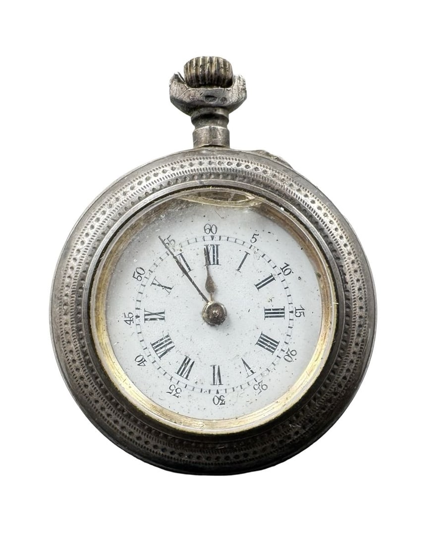 Antique Swiss 800 Silver Open Face Ladies Pocket Watch: Non-functional, glass is broken. Case diameter measures approx. 1.25". Weighs approx. 29.21 grams. Marked for 800 Sterling Silver.