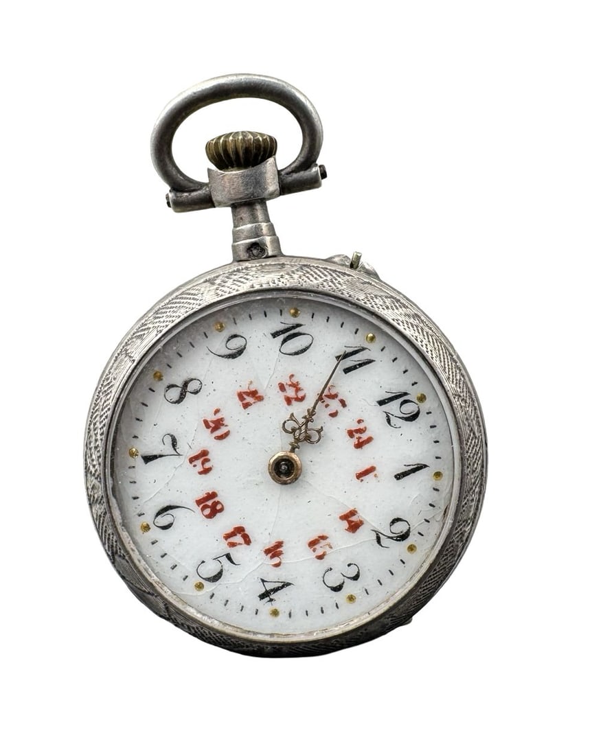 Antique European 800 Silver Pocket Watch w/ Arabic Numerals & Red 24-Hour Ring (1 of 4)