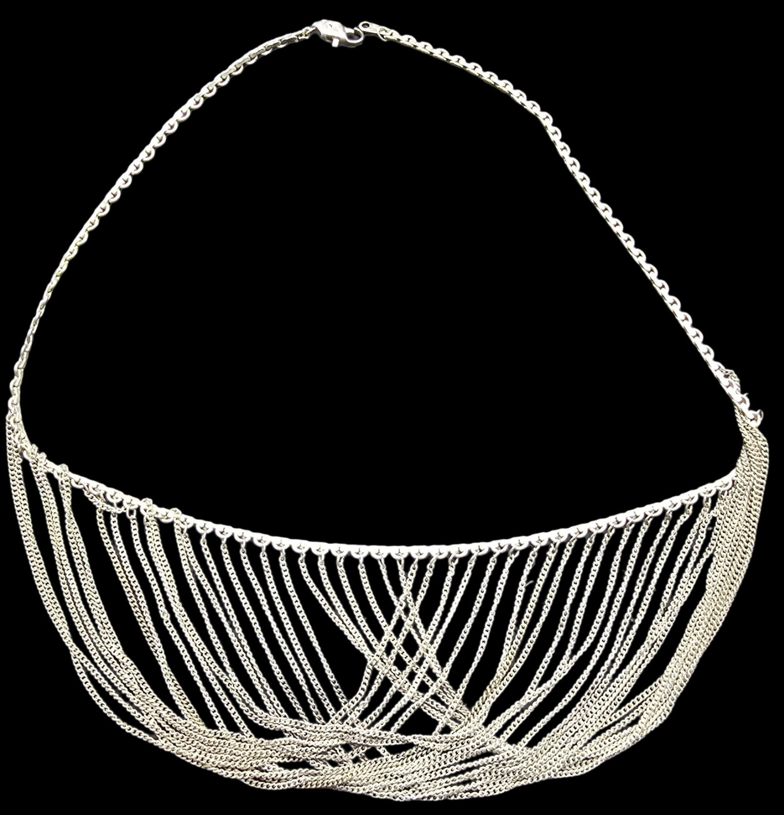 Beautiful Ornate Vintage Sterling Silver Multi Strand Bib Choker Necklace: Good vintage condition w/ patina and wear according to age and use, see pictures. Measures approx. 18" long and weighs ca. 25 grams. Marked Sterling Silver