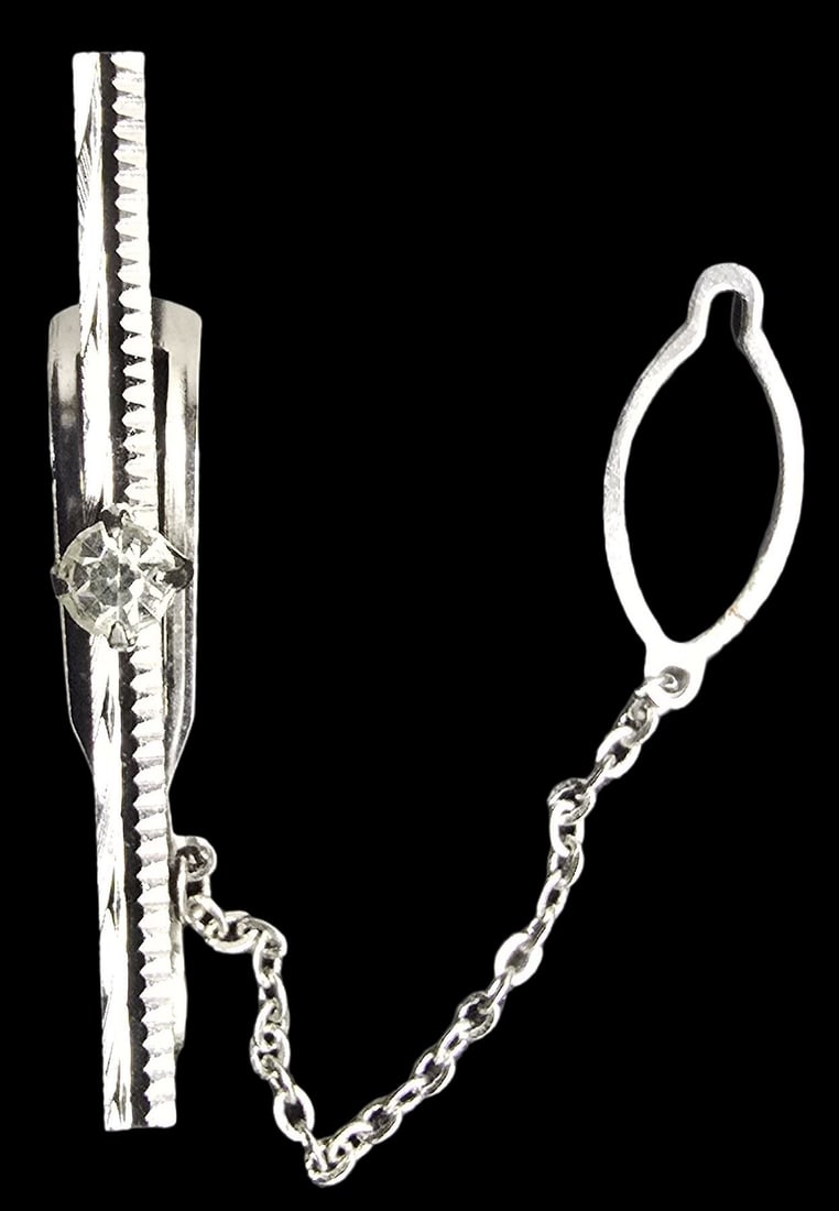 Beautiful Ornate Vintage Sterling Silver & Clear Rhinestone Bar Brooch Pin: Good vintage condition w/ patina and wear according to age and use, see pictures. Weighs ca. 3.5 grams. Measures approx 2" wide. Marked Sterling Silver