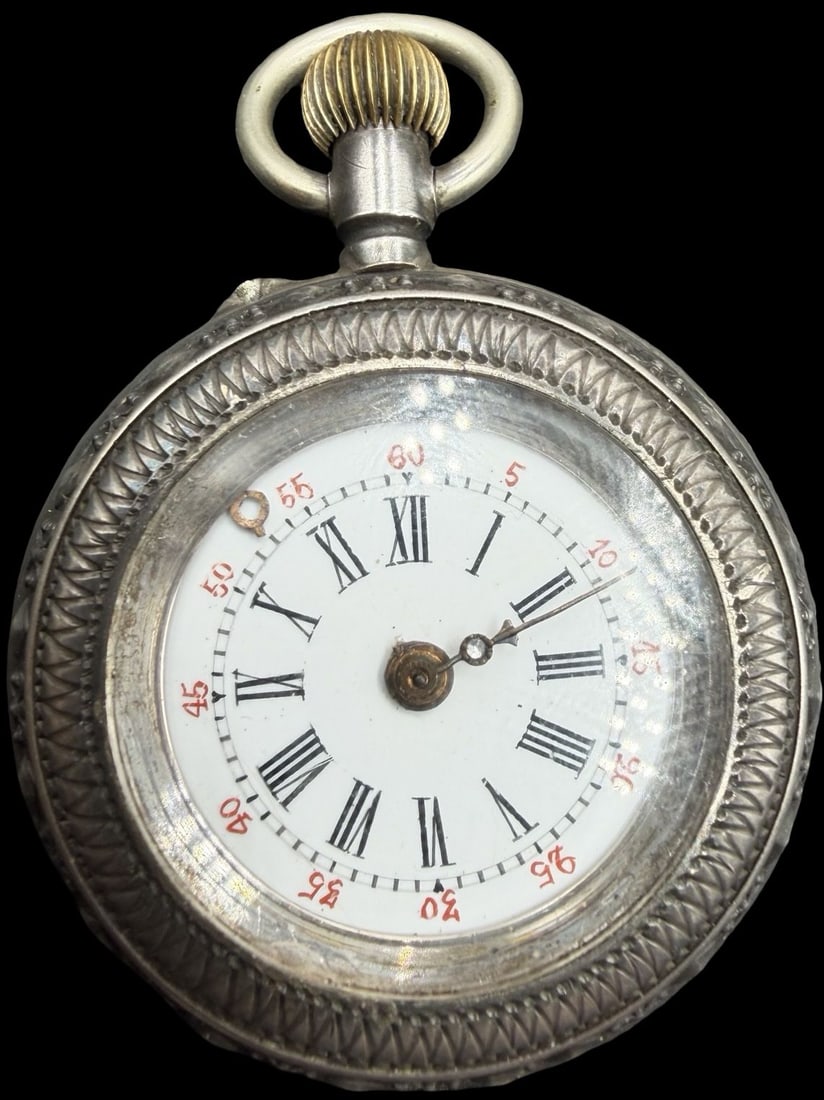 Gorgeous Antique LOUIS JACOT LOCLE Silver Tone Metal & White Dial Pocket Watch: Good antique condition w/ patina according to age; hour hand is loose, one arm is present. Dial measures approx. 3/4" long and 3/4" wide and the watch wears ca. 27 grams. Watch isn't working.