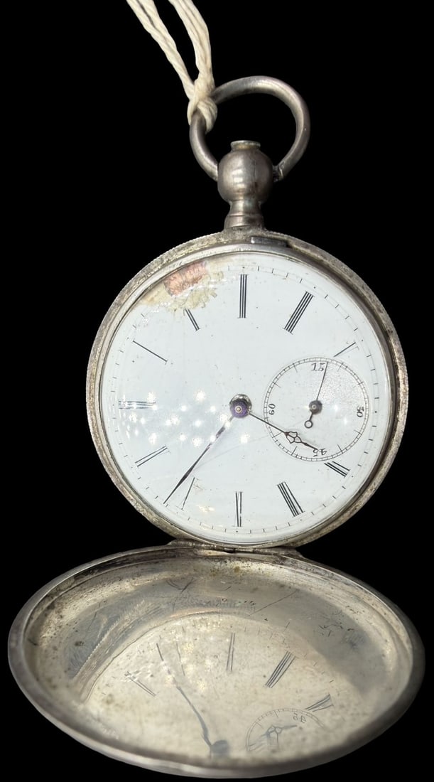 Gorgeous Antique JAMES PERRET LOCLE Silvertone Metal & White Dial Pocket Watch w/ Key: Good antique condition w/ patina and wear according to age; damage to dial. Dial measures approx. 1 3/4" long x 1 3/4" wide and the watch weighs ca. 82 grams. Marked for JAMES PERRET. Watch is working