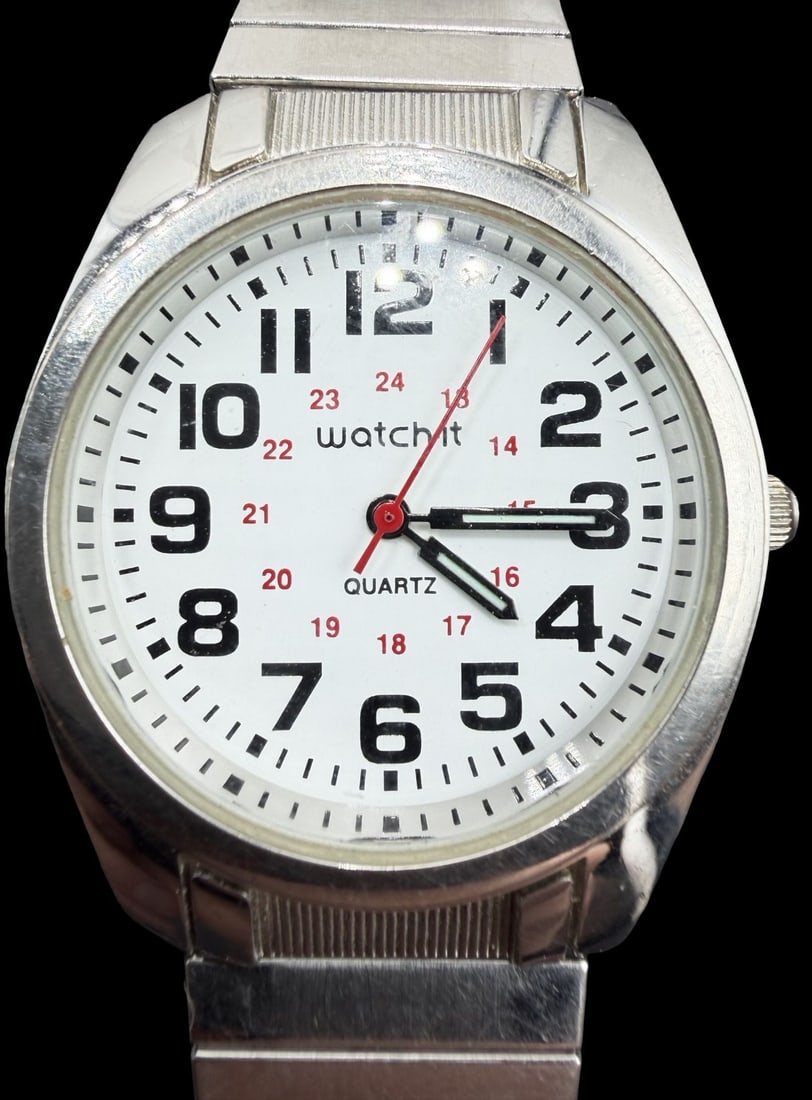Vintage WATCH-IT Stainless Steel & White Dial Quartz Watch: Good vintage condition w/ patina and wear according to age and use, see pictures. Dial measures approx. 1 1/4" long and 1 1/4" wide and weighs ca. 59.81 grams. Marked for WATCH-IT. The timepiece is fu