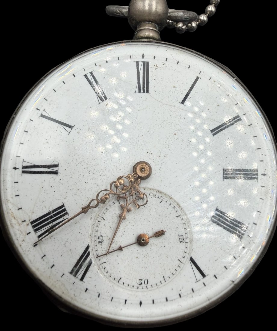 Gorgeous Ornate Vintage Silvertone & White Dial Pocket Watch w/ Key: Good antique condition w/ wear and patina according to age; Scratches on the glass. Dial measures approx. 1 3/4" long x 1 3/4" wide; watch weighs ca. 80 grams. Watch is working.