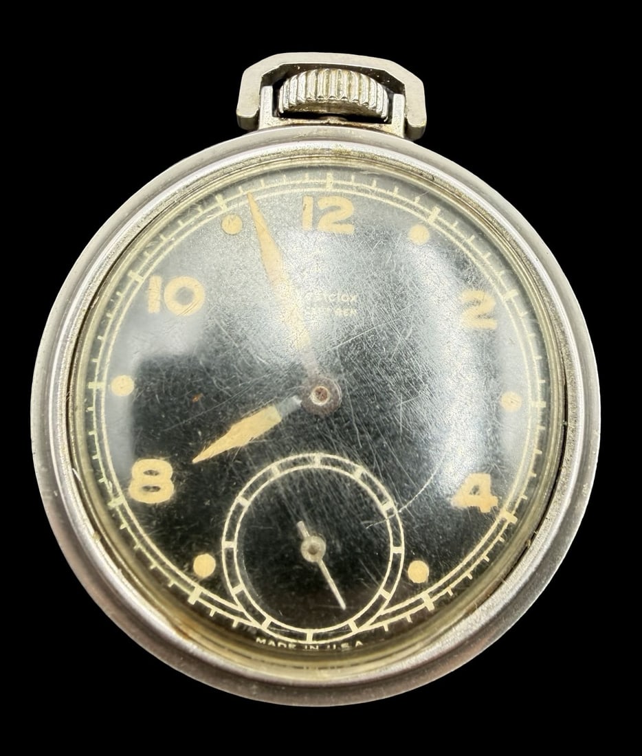 Beautiful Vintage WESTCLOX Silver-Tone Metal & Black Dial Pocket Watch: Good vintage condition w/ patina and wear according to age and use, see pictures. Dial measures approx. 1 1/2" long and 1 1/2" wide and weighs ca. 57.8 grams. Marked for WESTCLOX. The timepiece is fun