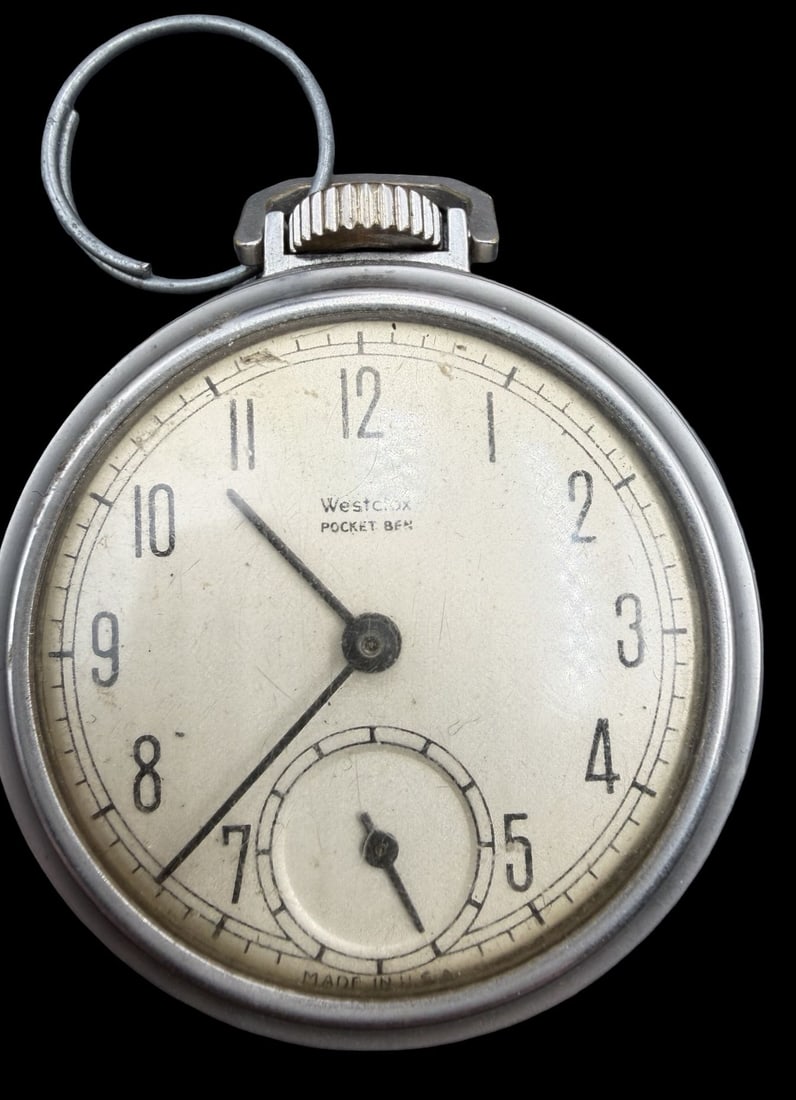 Beautiful Vintage WESTCLOX Silver-Tone Metal & White Dial Pocket Watch: Good vintage condition w/ patina and wear according to age and use, see pictures. Dial measures approx. 1 1/2" long and 1 1/2" wide and weighs ca. 58.8 grams. Marked for WESTCLOX. The timepiece is fun
