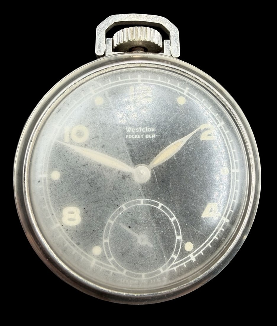 Amazing Vintage WESTCLOX Silver-Tone Metal & Black Dial Pocket Watch: Good vintage condition w/ patina and wear according to age and use, see pictures. Dial measures approx. 1 1/2" long and 1 1/2" wide and weighs ca. 55.2 grams. Marked for WESTCLOX. The timepiece is fun