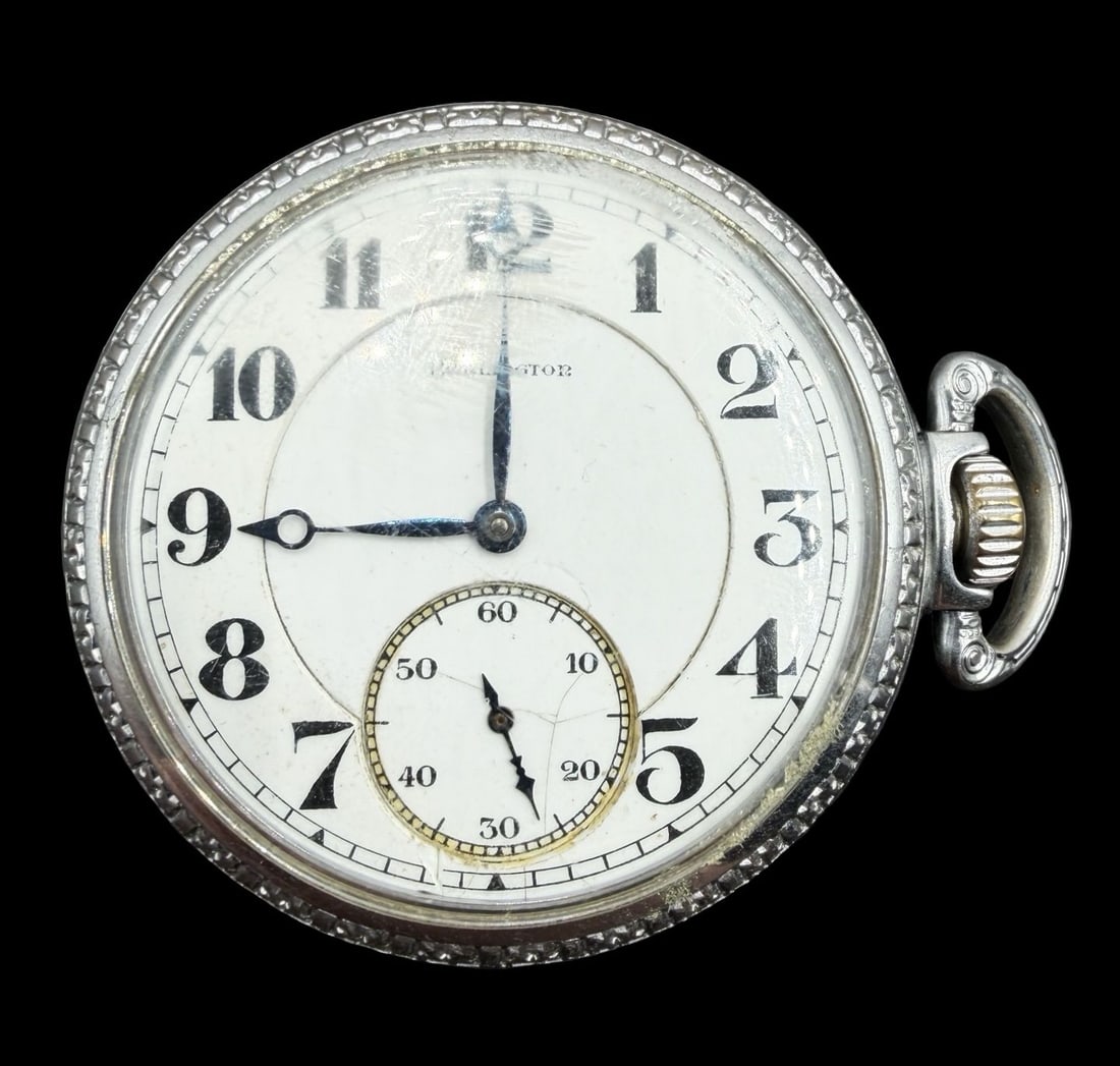 Amazing Ornate Vintage BURLINGTON Silver-Tone Metal & White Dial Pocket Watch: Good vintage condition w/ minor patina according to age; Scratch on glass. Dial measures approx. 1 1/2" long and 1 1/2" wide and weighs ca. 94.5 grams. Marked for BURLINGTON. The timepiece is working.