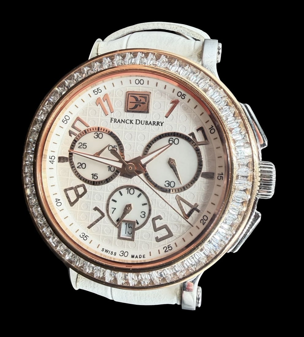 Beautiful Ornate Vintage FRANCK DUBARRY & Clear Rhinestone Dial Watch w/ Box: Good vintage condition w/ patina and wear according to age and use, see pictures. Dial measures approx. 1 1/4" long and 1 1/4" wide and weighs ca. 83.8 grams. Marked for FRANCK DUBARRY. The timepiece 