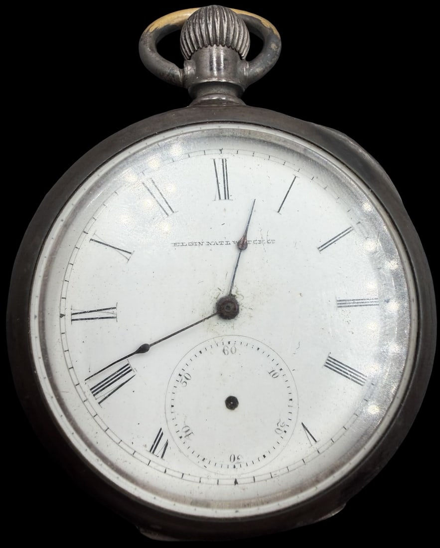 Heavy & Ornate Antique ELGIN 900 Silver & White Dial Pocket Watch: Arm is missing in the Small Second. Good antique condition w/ patina and wear according to age. Dial measures approx. 1 3/4" long and 1 3/4" wide and the watch weighs ca. 138 grams. Marked for ELGIN a