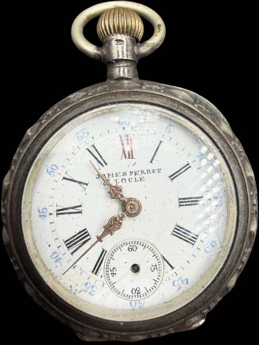 Stunning Ornate Vintage JAMES PERRET LOCLE Gold Tone & White Dial Pocket Watch: Arm missing in Small Second. Good antique condition w/ patina and wear according to age. Dial measures approx. 1" long and 1" wide and the watch weighs ca. 34 grams. Marked for JAMES PERRET LOCLE and 