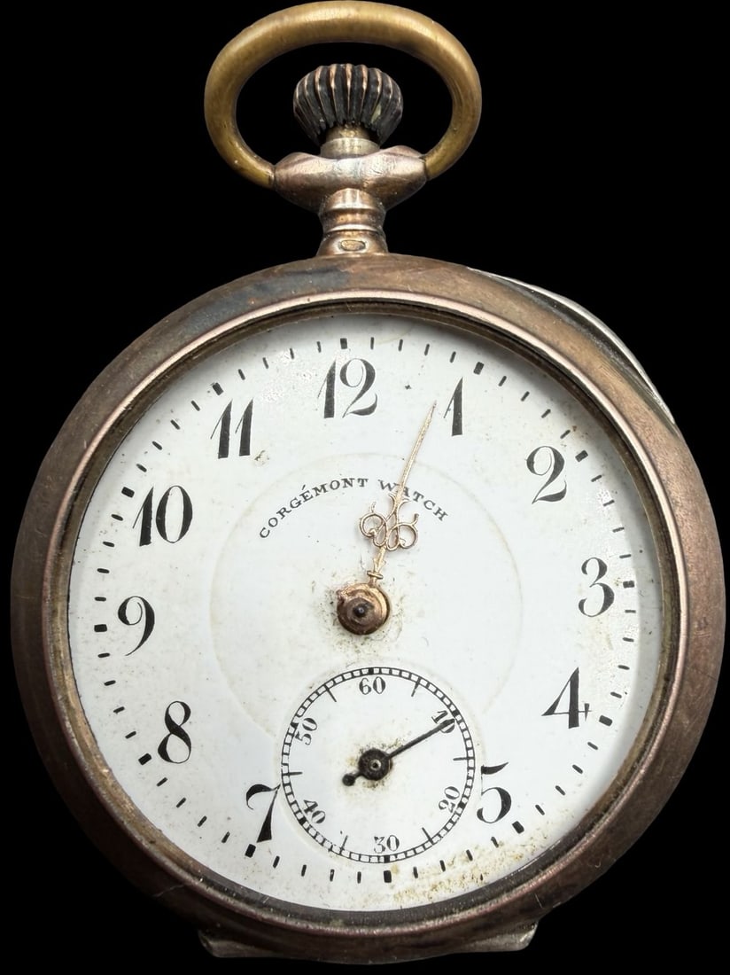 Amazing Ornate Antique CORGEMONT 800 Silver & White Dial Pocket Watch: Good antique condition w/ patina and wear according to age; missing the glass and Minutes arm. Dial measures approx. 1" long and 1" wide and the watch weighs ca. 29 grams. Marked for 800 Silver & CORG