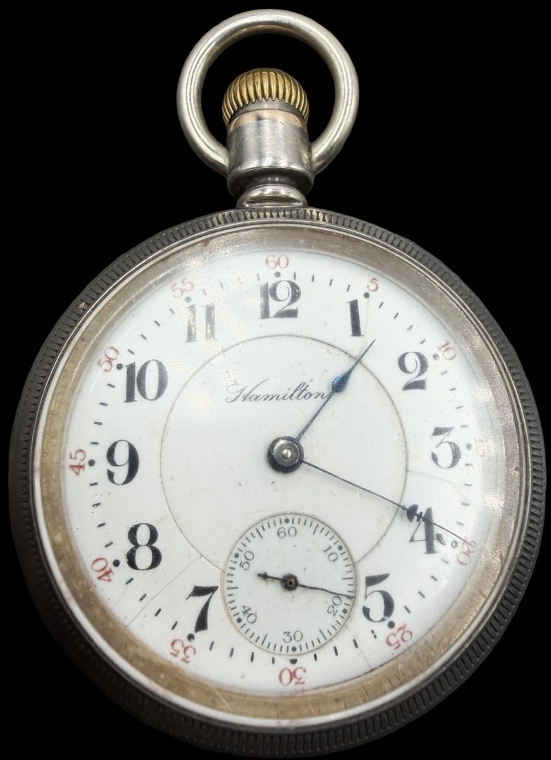 Large Antique HAMILTON Silvertone Metal & White Dial Railroad Pocket Watch: Very good antique condition w/ patina and wear according to age. Dial measures approx. 1 3/4" long and 1 3/4" wide and the watch weighs ca. 155 grams. Marked for HAMILTON. Watch works.