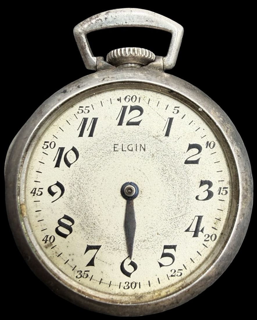 Gorgeous Vintage ELGIN Sterling Silver & White Dial Pocket Watch: Good vintage condition w/ patina and wear according to age; missing the glass & minutes arm. Dial measures approx. 3/4" long and 3/4" wide; the watch weighs ca. 19 grams. Marked for ELGIN and Sterling