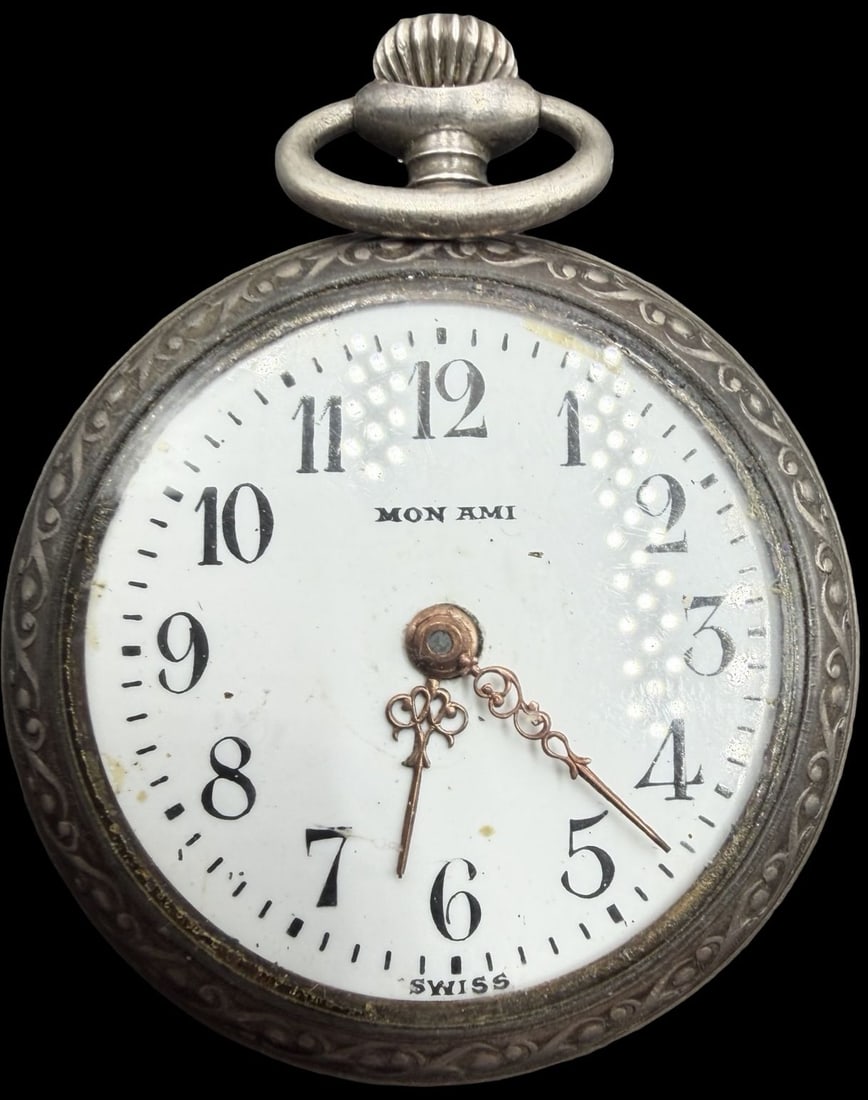 Ornate Antique French MON AMI 800 Silver & White Dial Pocket Watch: Very good antique condition w/ minor wear and patina according to age. Dial measures approx. 3/4" long and 3/4" wide; the watch weighs ca. 19 grams. Marked for MON AMI and 800 Silver. Watch isn't work