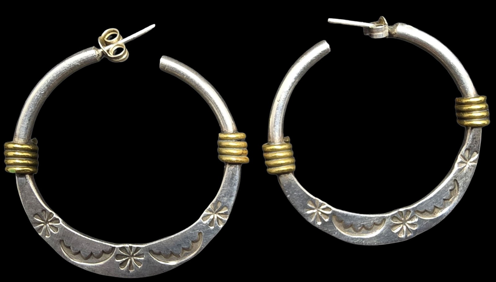 Stunning Ornate Vintage Native American Sterling Silver Two-Tone Hoop Earrings: Good vintage condition w/ patina and wear according to age and use, see pictures. Measures approx. 1 1/2" long and 1 1/2" wide and weighs ca. 14 grams. Tested Sterling Silver