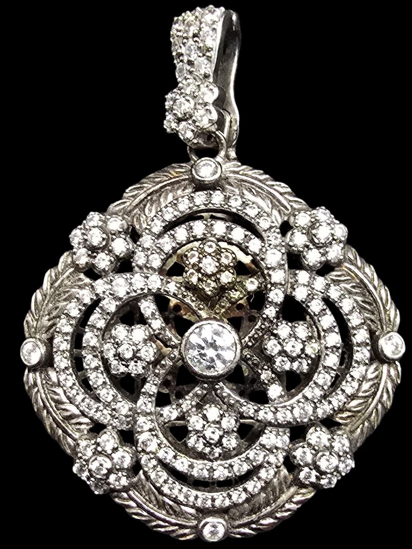 Stunning Ornate Vintage Sterling Silver & Cluster Clear Rhinestone Pendant Charm: Good vintage condition w/ patina and wear according to age and use, see pictures. Measures approx. 2 1/2" long and 1 1/2" wide and weighs ca. 20 grams. Marked Sterling Silver
