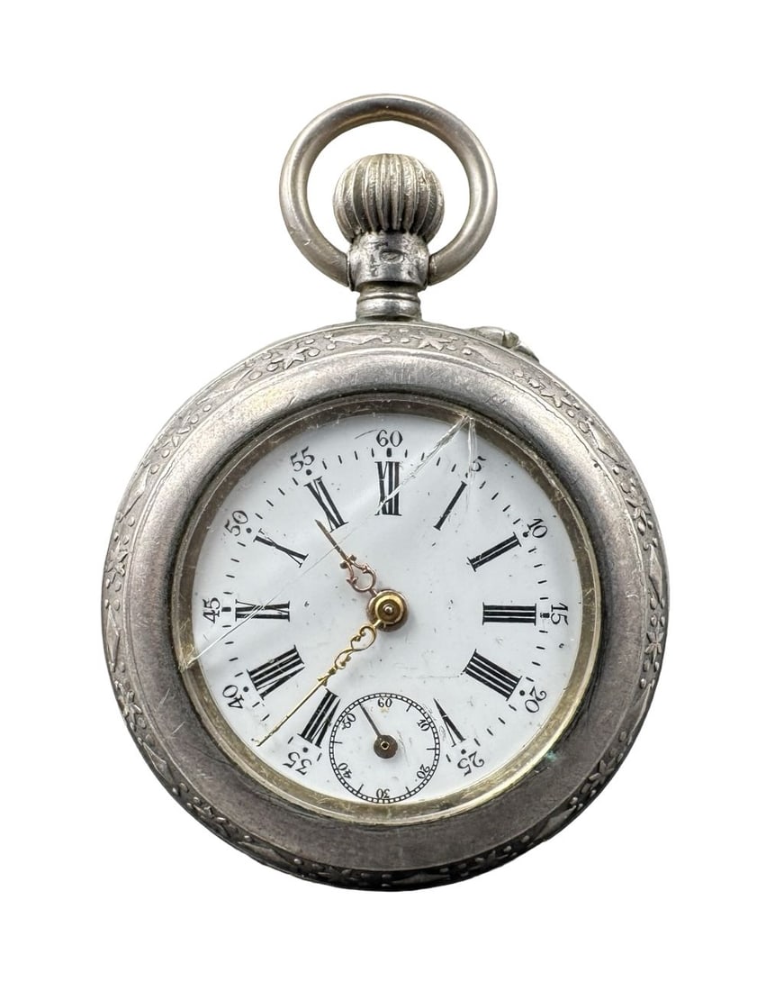 Antique Swiss 800 Silver Ladies Pocket Watch: Non-functional, glass is broken. Case diameter measures approx. 1.25". Weighs approx. 26.91 grams. Marked for 800 Silver.