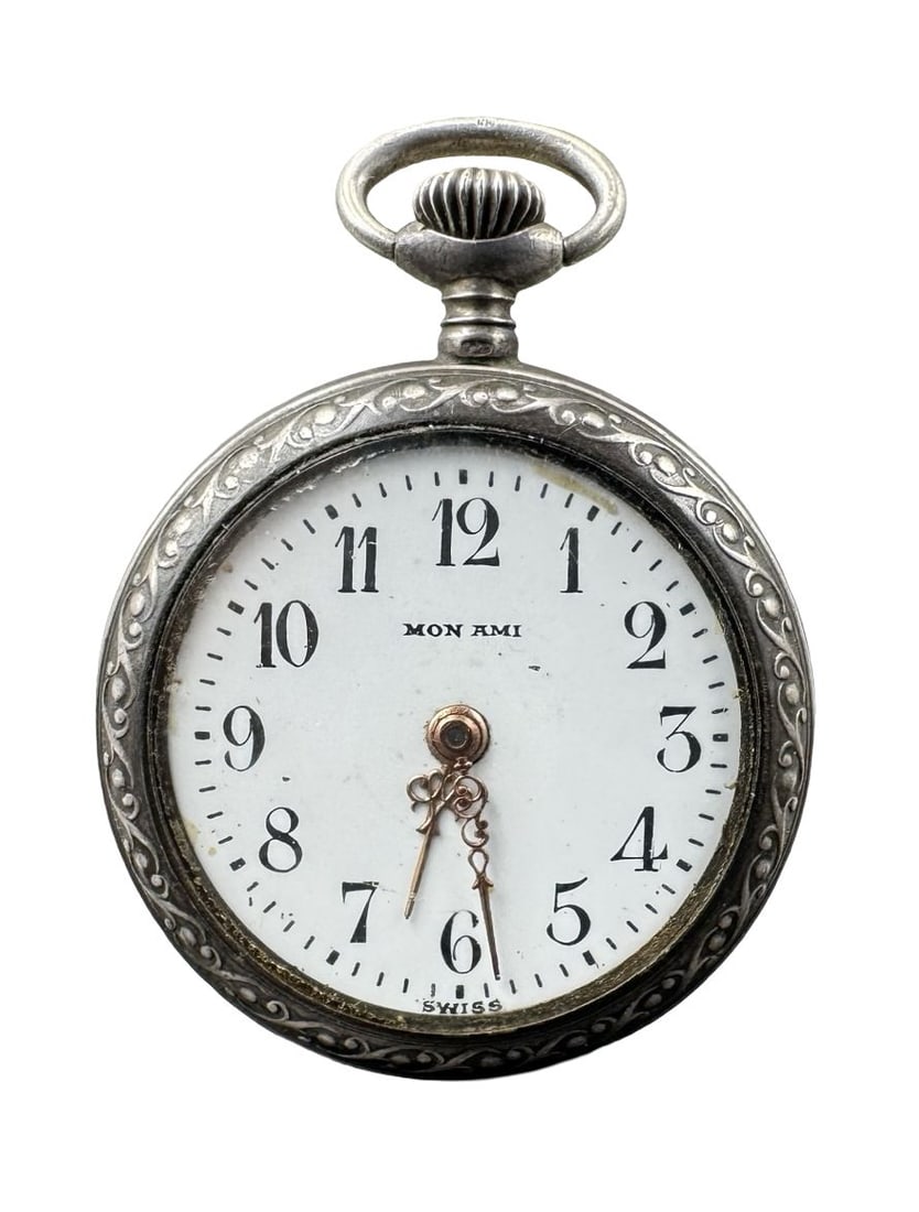 Vintage European 800 Silver "Mon Ami" Ladies Pocket Watch: Non-functional. Case diameter measures approx. 1.2". Weighs approx. 19.57 grams. Marked for 800 Silver.