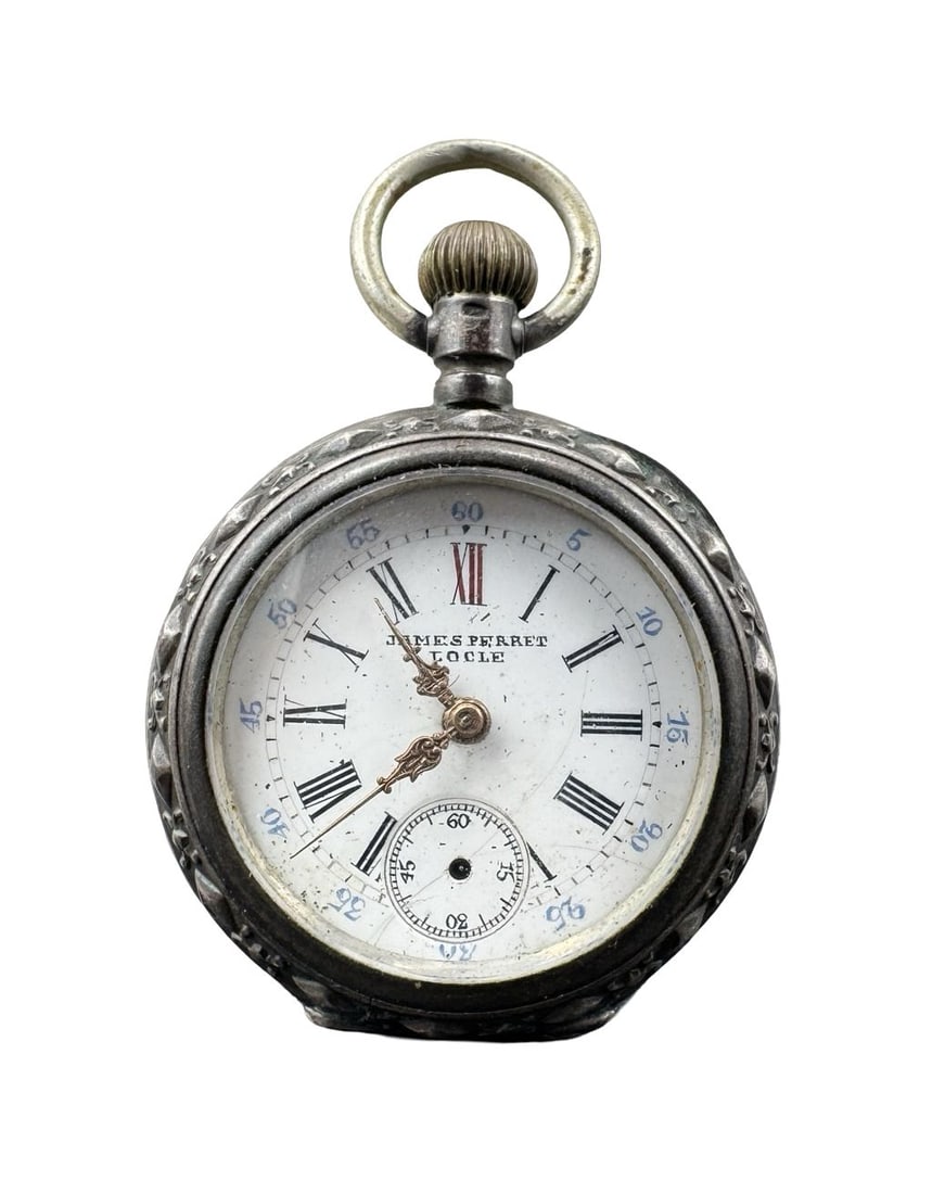Antique James Perret Locle 800 Silver Pocket Watch w/ Blue Numerals: Non-functional, missing a hand. Case diameter measures approx. 1.25". Weighs approx. 34.26 grams. Marked for 800 Silver.