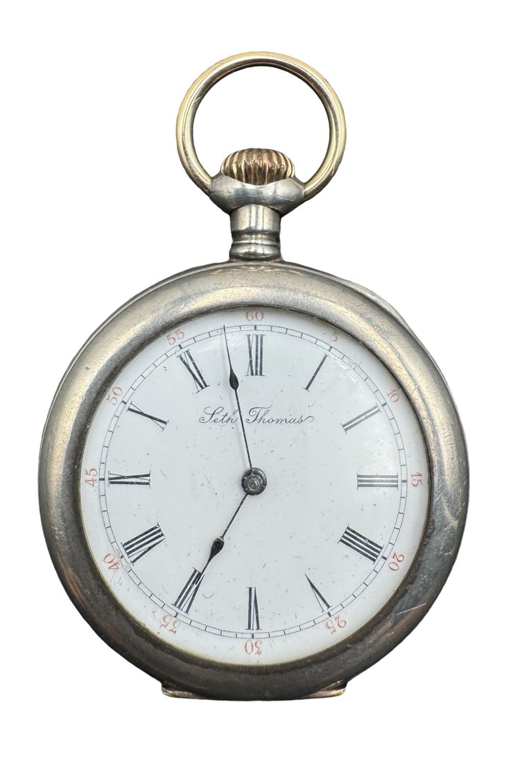 Antique SETH THOMAS Sterling Silver Pocket Watch w/ White Enamel Dial (1 of 6)