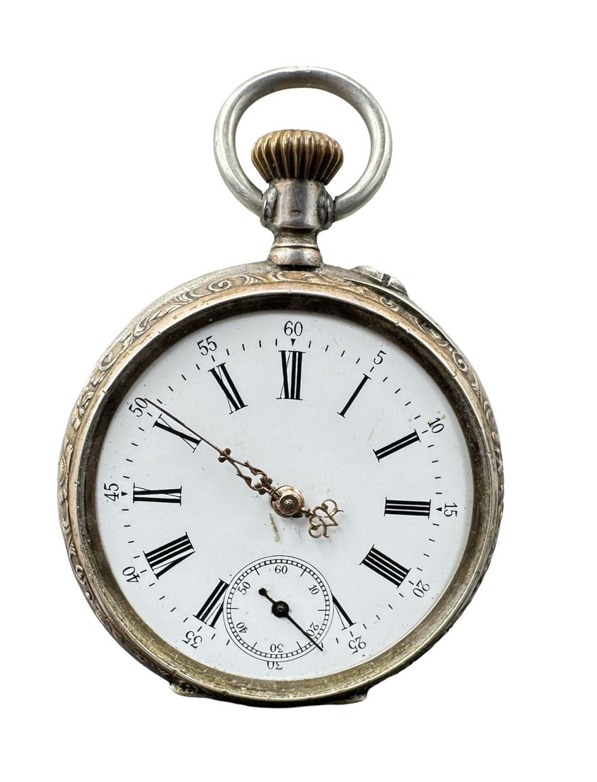 Antique Swiss 800 Silver Pocket Watch w/ Ornately Engraved Case: Non-functional condition. No Glass & one hand missing. Case diameter measures approx. 175 mm. Weighs approx. 68.99 grams. Marked for 800 Silver.