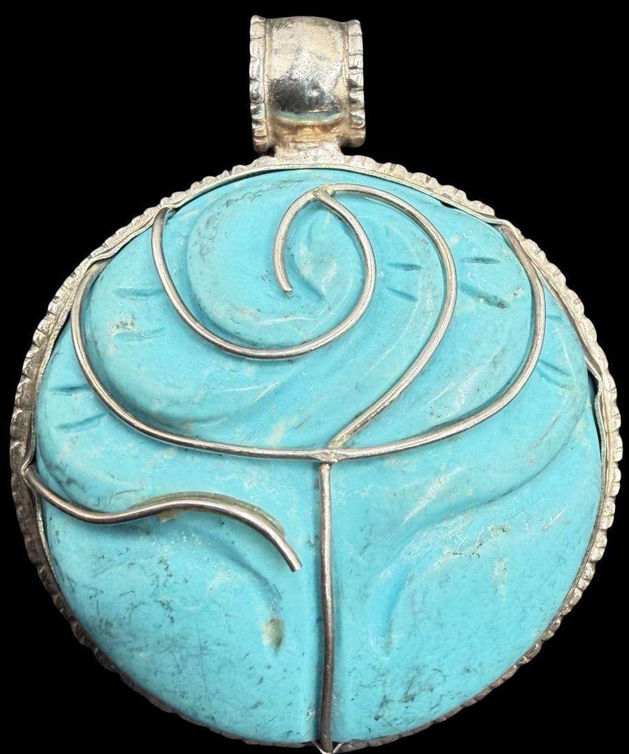 Unusual Ornate Vintage European Sterling Silver & Carved Turquoise Gemstone Pendant: Good vintage condition w/ patina and wear according to age and use, see pictures. Measures approx. 2" long and 1 1/2" wide and weighs ca. 37 grams. Marked Sterling Silver