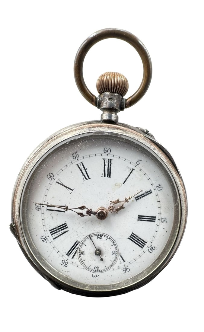 Antique Swiss 800 Silver Pocket Watch w/ White Dial & Small Second (1 of 6)