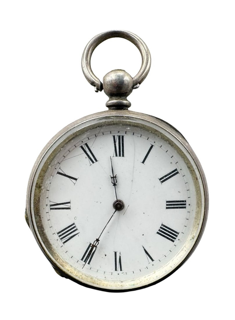 Antique 800 Silver Pocket Watch w/ Roman Numerals: Non-functional condition. Scratch on the glass. Case diameter measures approx. 1.4". Weighs approx. 42.90 grams. Marked for 800 Silver.