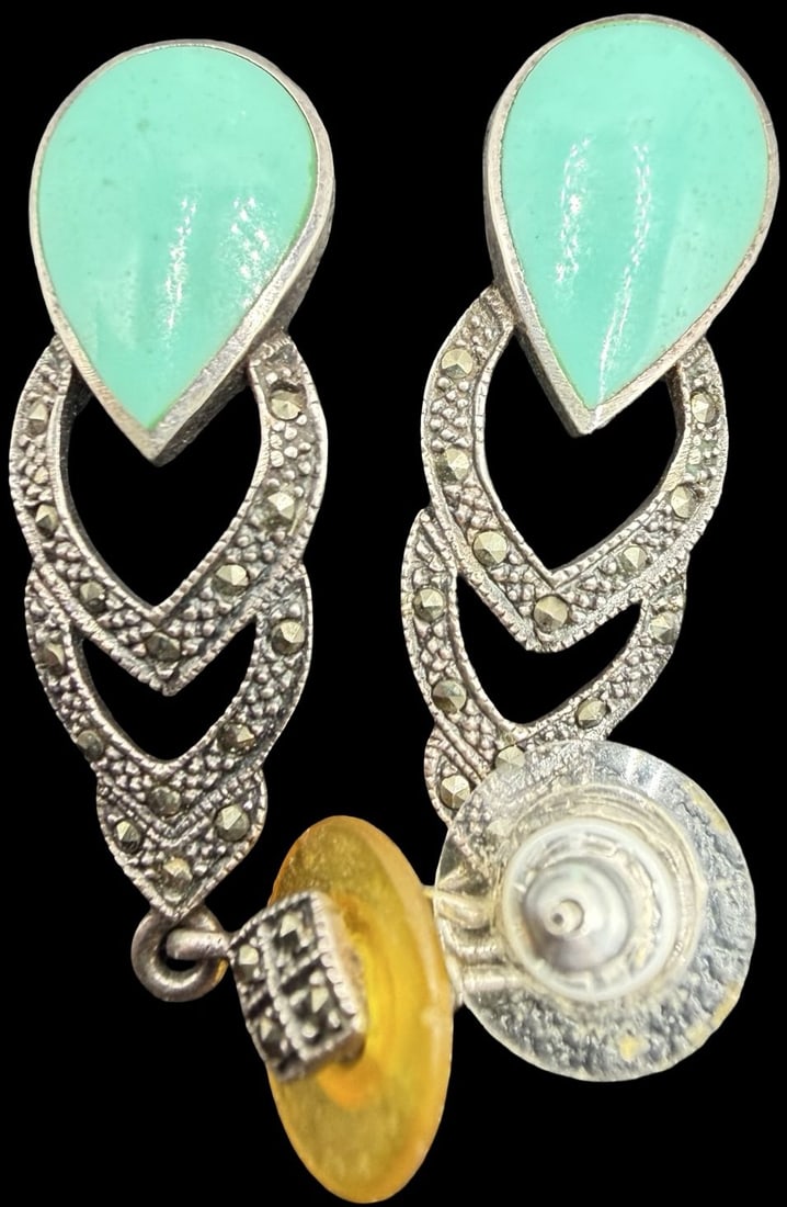 Gorgeous Ornate Vintage European Sterling Silver Dangle Earrings w/ Marcasite & Turquoise: Good vintage condition w/ patina and wear according to age and use, see pictures. Measures approx. 2" long and 1/2" wide and weighs ca. 5.7 grams. Marked Sterling Silver