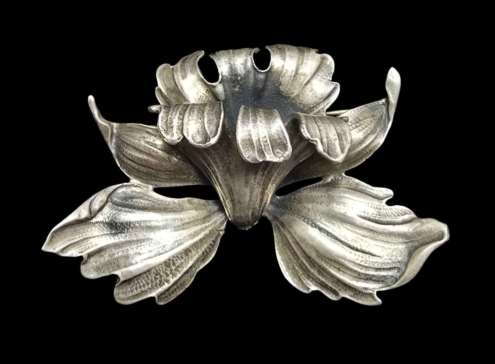 Gorgeous Ornate Vintage Sterling Silver Orchid Flower Pin Brooch: Good vintage condition w/ patina and wear according to age and use, see pictures. Measures approx. 2 " long and 2 1/2" wide and weighs ca. 28 grams. Tested Sterling Silver