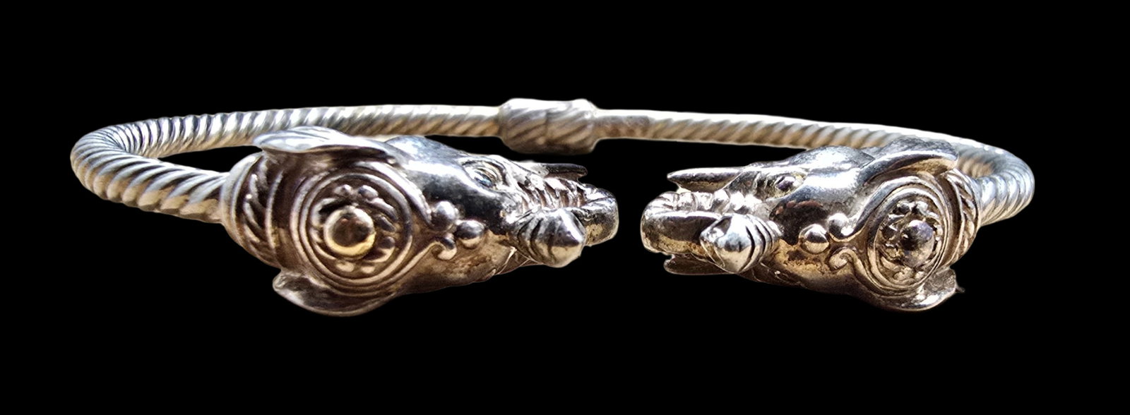 Gorgeous Ornate Vintage Sterling Silver & Elephant Head Bracelet: Good vintage condition w/ patina and wear according to age and use, see pictures. Measures approx 3" wide. Weighs ca. 16 grams. Marked Sterling Silver