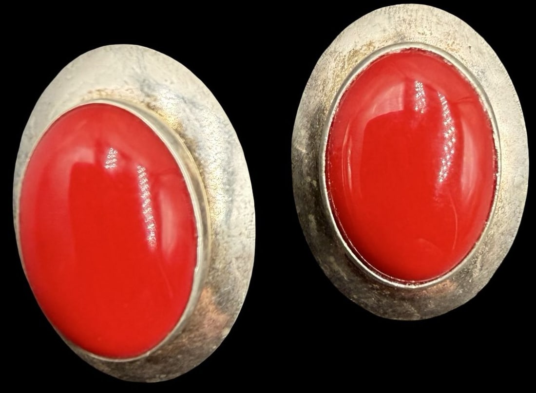 Stunning Vintage Gilt Sterling Silver & Red Coral Earrings: Good vintage condition w/ patina and wear according to age and use, see pictures. Measures approx. 1" long and 3/4" wide and weighs ca. 8.9 grams. Marked Sterling Silver