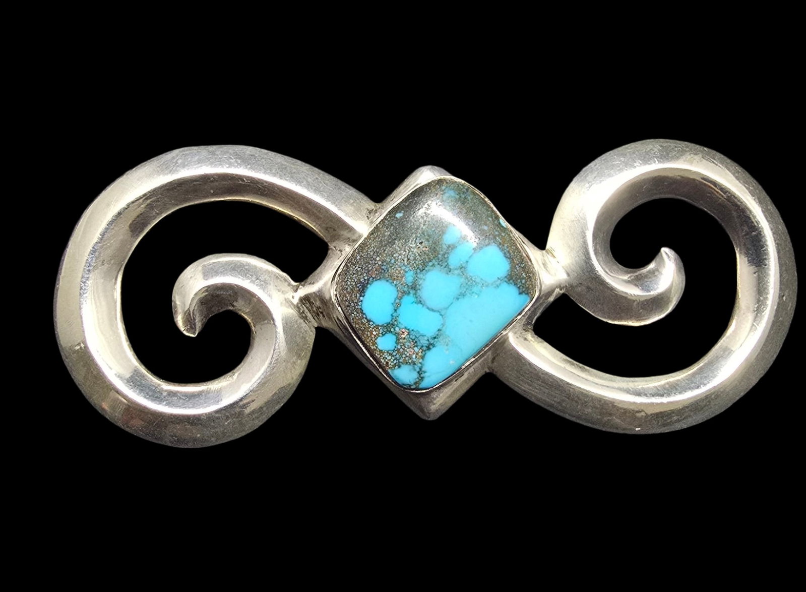 Beautiful Ornate Vintage Sterling Silver & Turquoise Gemstone Brooch Pin: Good vintage condition w/ patina and wear according to age and use, see pictures. Measures approx. 2 1/2" long and weighs ca. 17.5 grams. Tested for Sterling Silver.
