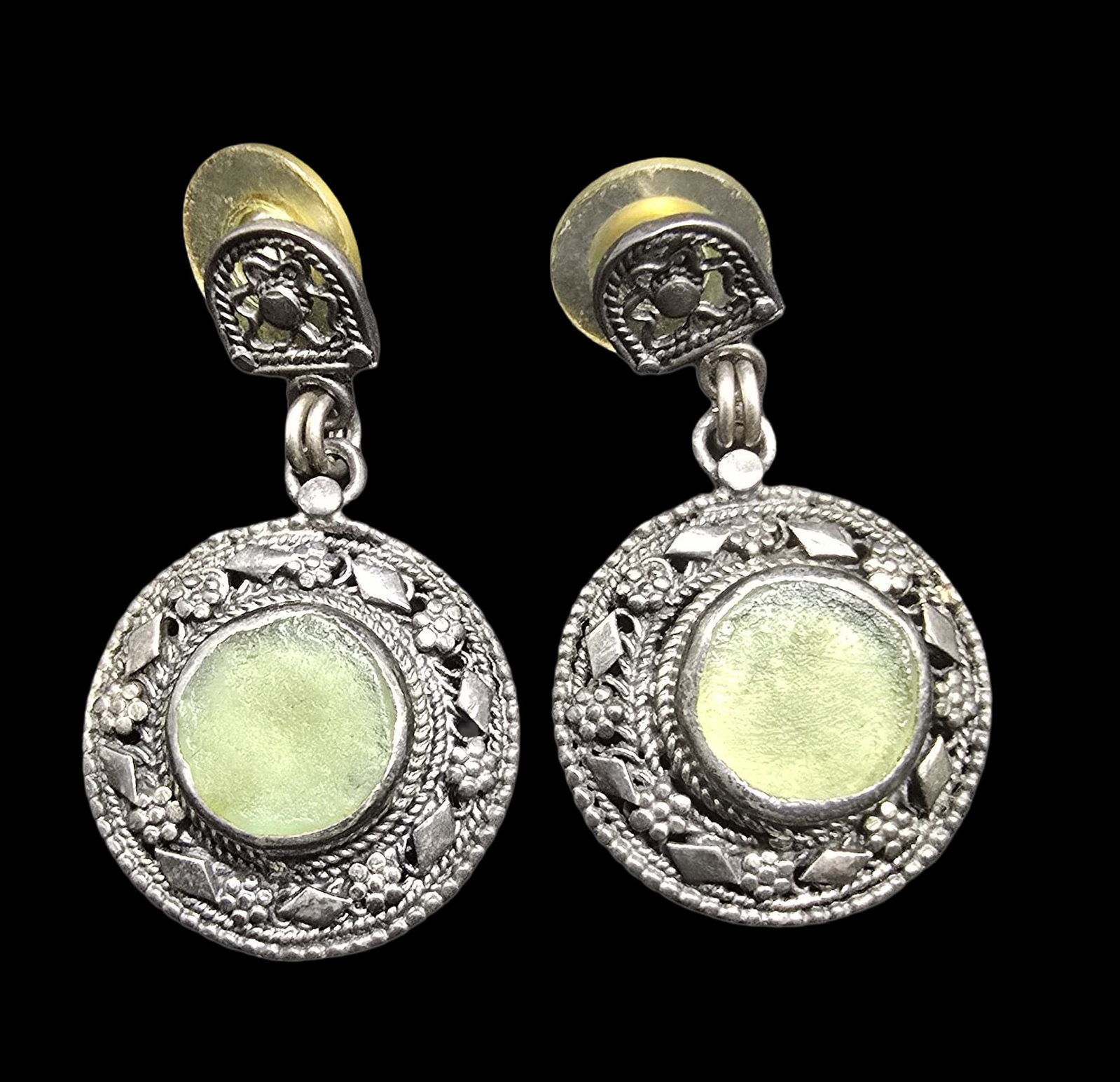 Amazing Ornate Vintage Sterling Silver & Green Gemstone Dangle Earrings: Good vintage condition w/ patina and wear according to age and use, see pictures. Measures approx. 2 " long and 1" wide and weighs ca. 13 grams. Marked Sterling Silver