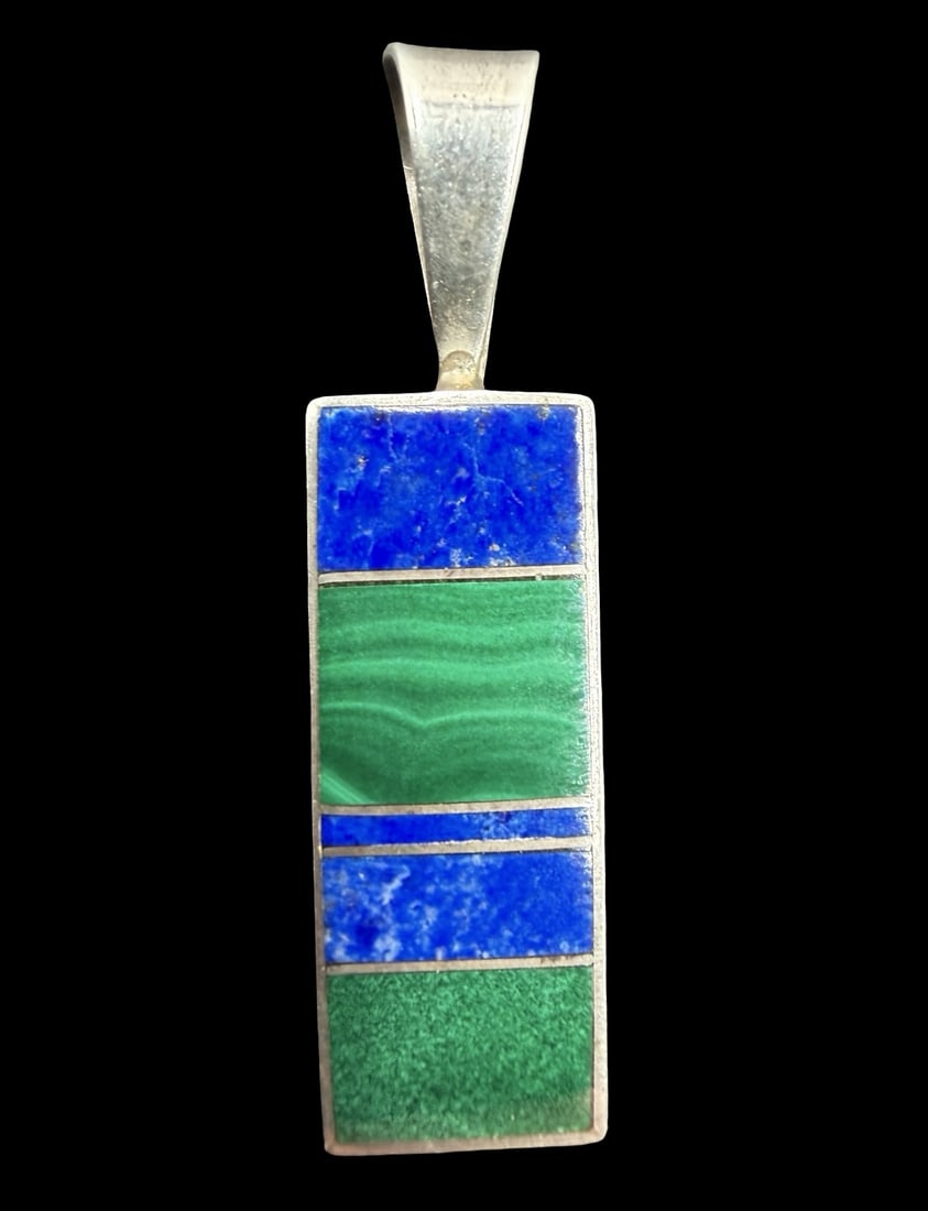 Gorgeous Vintage Sterling Silver Designer Pendant w/ Green & Blue Gemstone Inlay: Good vintage condition w/ patina and wear according to age and use, see pictures. Measures approx. 1 1/2" long and 1/2" wide and weighs ca. 4.9 grams. Marked Sterling Silver