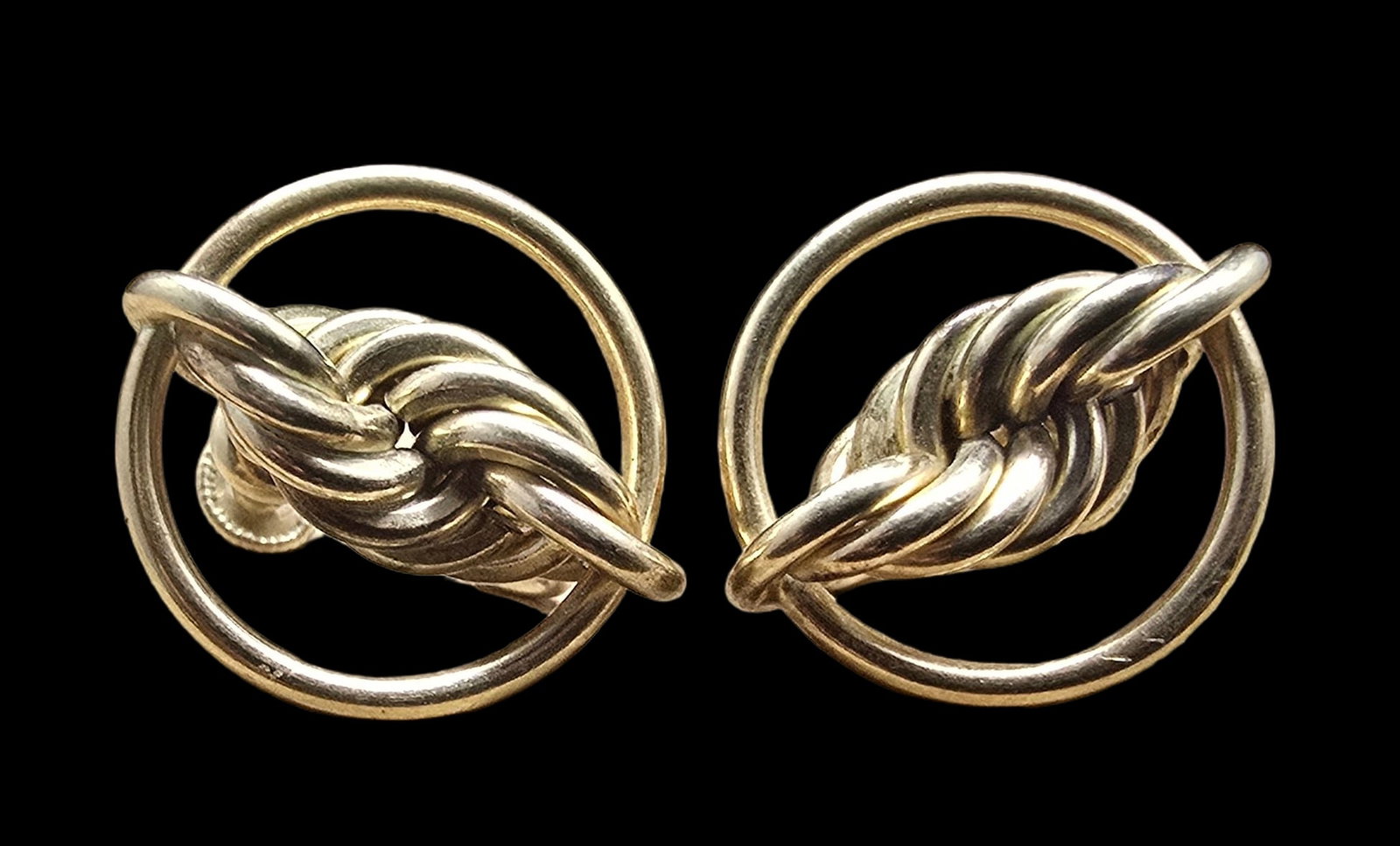 Beautiful Ornate Antique 12K Gold Filled & Knot Shaped Earrings: Good vintage condition w/ patina and wear according to age and use, see pictures. Measures approx 0.75" wide & 0.75 " high. Weighs ca. 7.5 grams. Tested for 12K Gold Filled